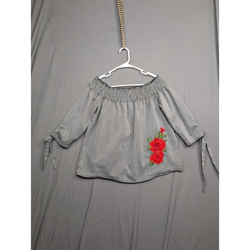 Gypsies & Moondust Womens M Blouse Floral Appliqué Off‎ the Shoulder Tie Sleeve